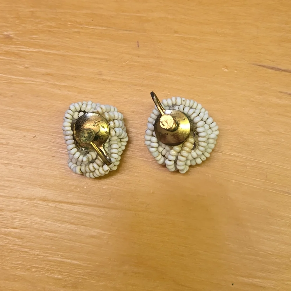 Vintage white beaded clip on earrings